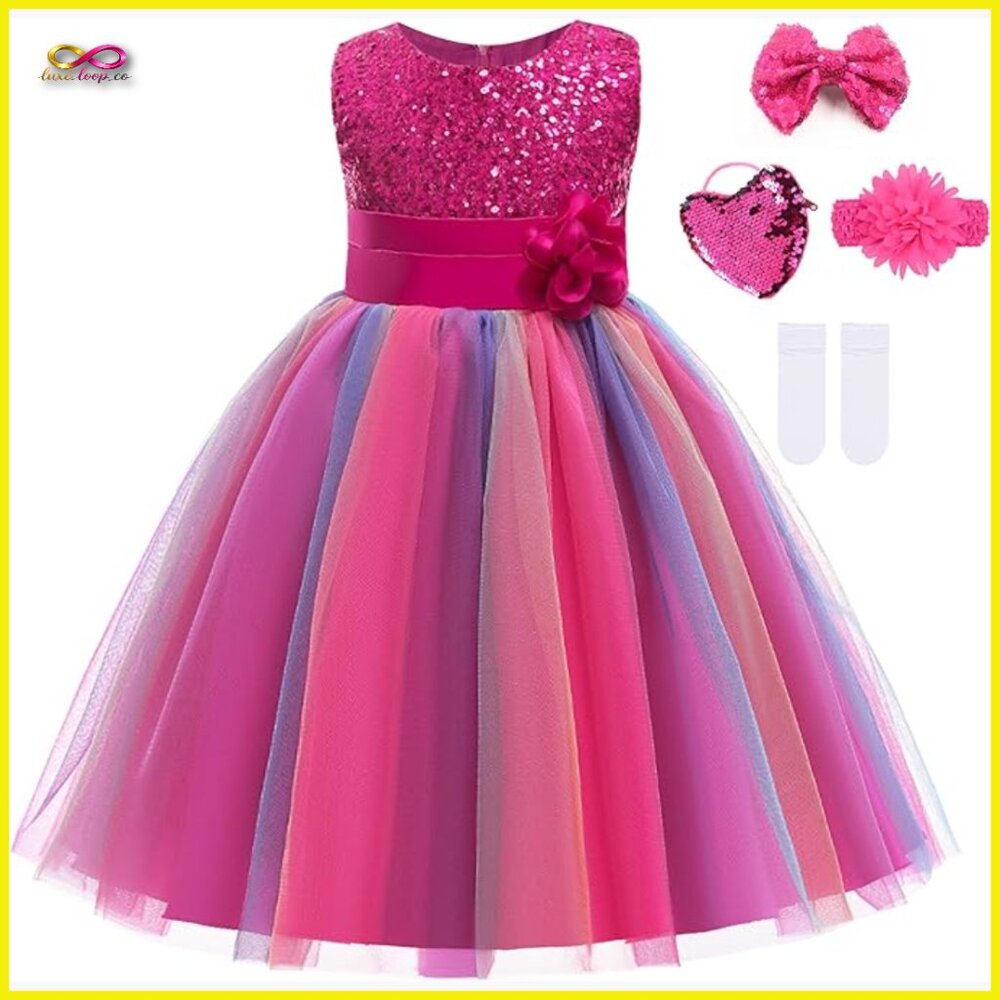 Sequin Mesh Flower Girl Dress with Accessories Sparkly Party Gown